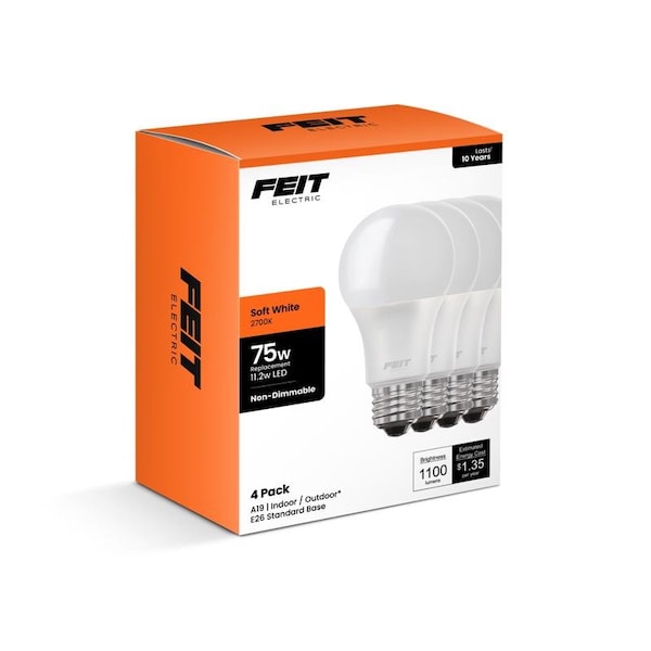 Feit Electric A19 E26 Medium LED Bulb Soft White 75 Watt Equivalence, 4PK A110082710KLED4 - main