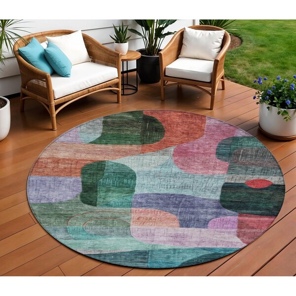 Homeroots 8' Green Purple And Blue Round Abstract Washable Indoor Outdoor Area Rug 604368 - main