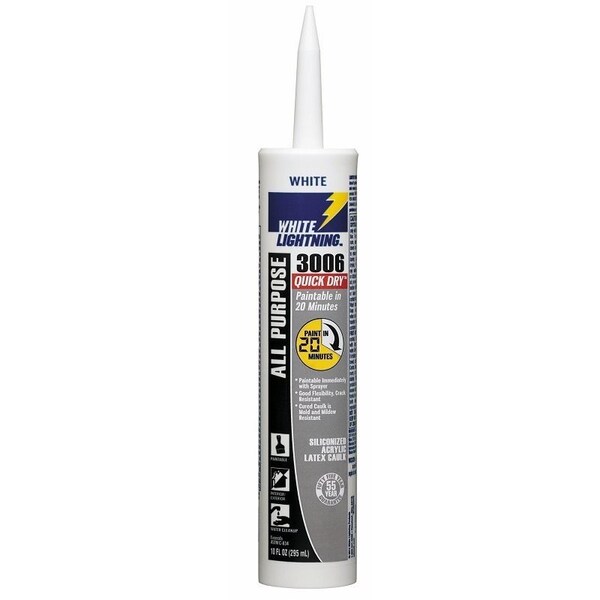 White Lightning 3006 Quick Dry Caulk, White, 7 days Curing, 40 to 140 deg F, 10 fl-oz Syringe W12QD0010 - main