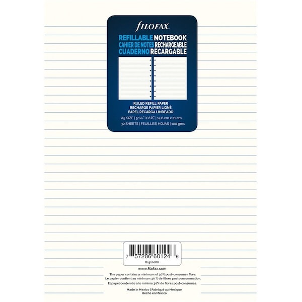 Rediform Filofax, NOTEBOOK REFILLS, 8-HOLE, 8.25 X 5.81, NARROW RULE, 32PK B152008U - main