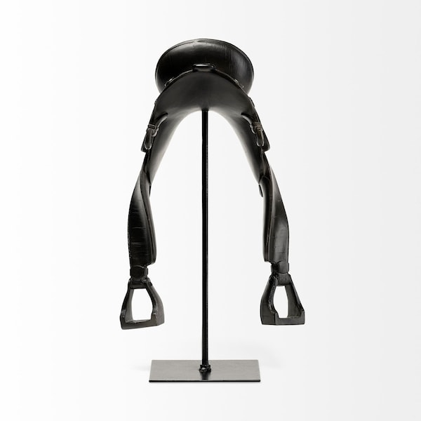 Homeroots 17" Black Metal And Resin English Horse Saddle Tabletop Sculpture 392468 - main