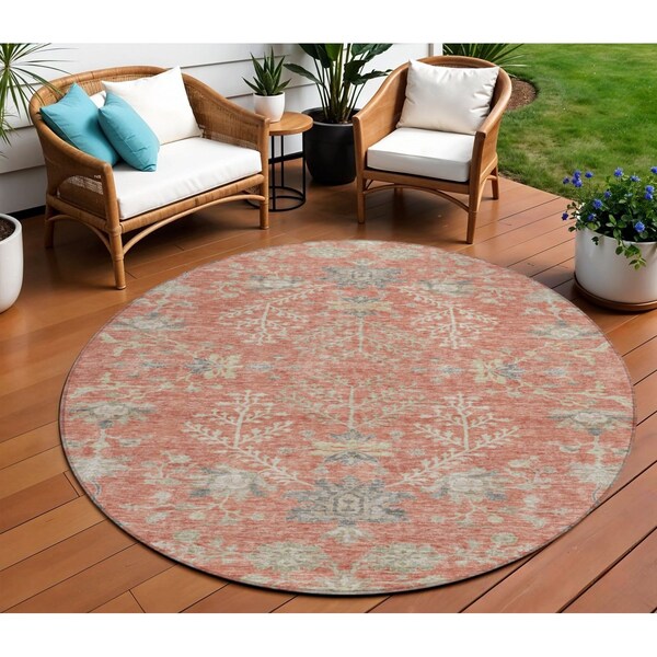 Homeroots 8' Coral Charcoal And Gray Round Floral Washable Indoor Outdoor Area Rug 605469 - main