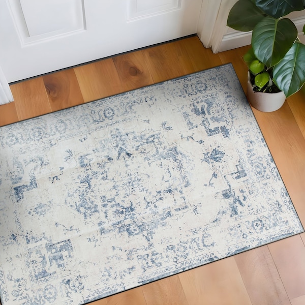 World Rug Gallery Traditional Vintage Distressed Washable Non Slip Area Rug 2 ft x 4 ft Blue WR77BLUE2X4 - main