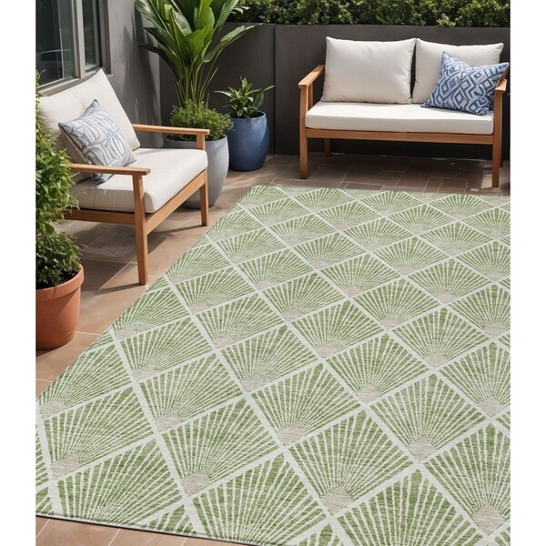 Homeroots 5' X 8' Green Beige And Ivory Geometric Washable Indoor Outdoor Area Rug 594702 - main