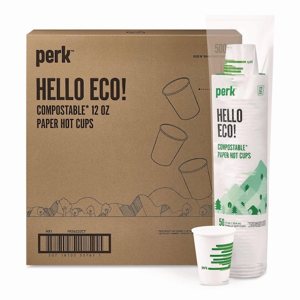 Perk Eco-ID Compostable Paper Hot Cups, 12 oz, White/Green, 500PK PK56222CT - main