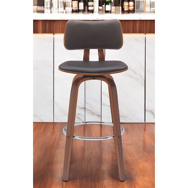 Homeroots 30" Brown And Wood Brown Faux Leather Swivel Low Back Bar Height Bar Chair 534437 - main
