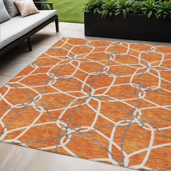 Homeroots 5' X 8' Orange And Ivory Geometric Washable Indoor Outdoor Area Rug 613026 - main