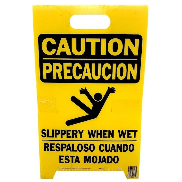 Hy-Ko Caution Wet Floor Sign, 12-1/4 in W, Yellow Background, CAUTION SLIPPERY WHEN WET, English and Spanish PFS-11 - main