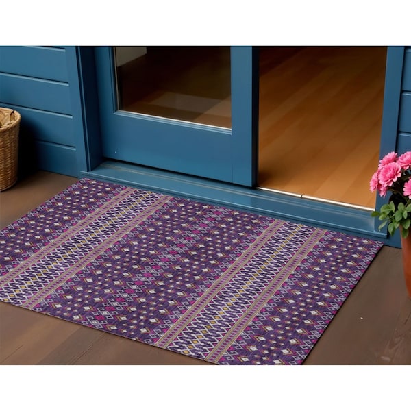 Homeroots 3' X 5' Purple Pink And Yellow Tribal Washable Indoor Outdoor Area Rug 582584 - main
