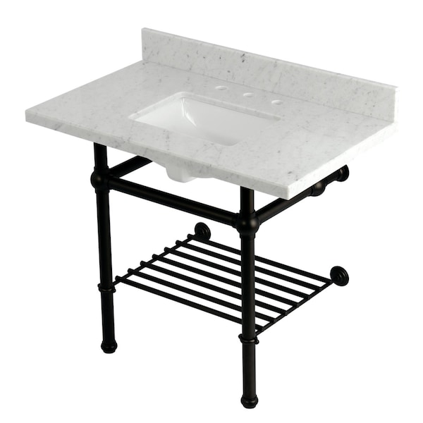 Kingston Brass 36-Inch Carrara Marble Console Sink with Brass Legs and Shelf, 8-Inch, 3-Hole KVPB3630MBSQB5 - main