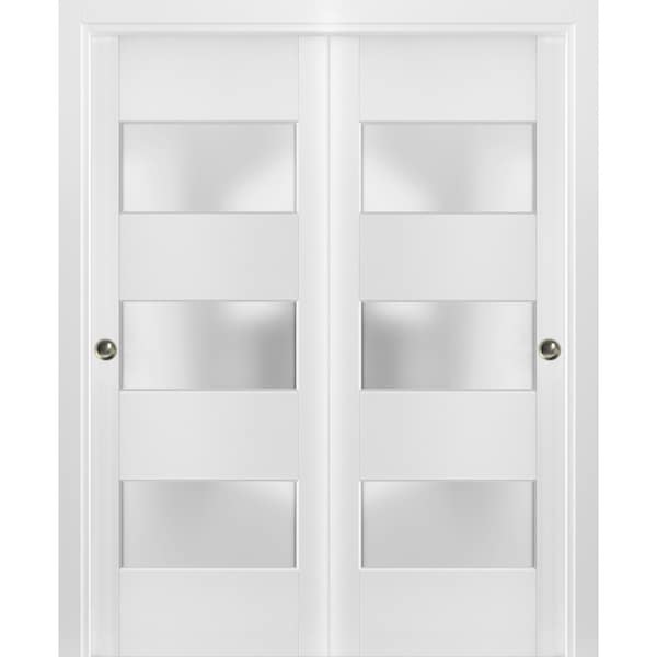 Sartodoors Sliding Closet Frosted Glass 3 Lites Bypass Doors 84 x 80 inches, Lucia 4070 White Silk, Sturdy Rai LUCIA4070DBD-WS-84 - main