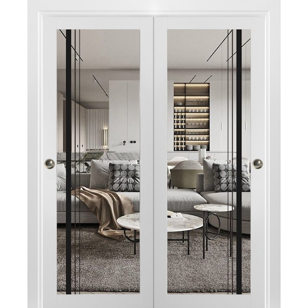 Sartodoors Sliding Closet Bypass Doors with Clear Glass, Lucia 2566 White Silk and Aluminum Strips, Sturdy Ra LUCIA2566DBD-WS-36 x 96 (2* 18x96) - main