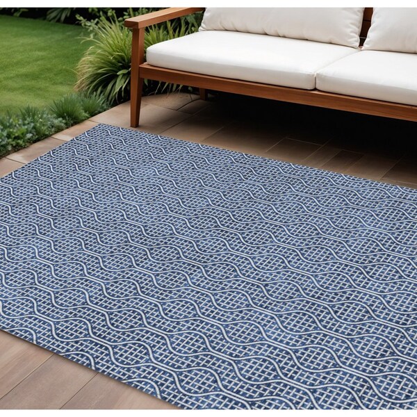 Homeroots 9' X 12' Navy Blue And Ivory Geometric Washable Indoor Outdoor Area Rug 595665 - main
