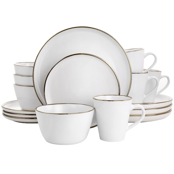 Elama Arthur 16 Piece Stoneware Dinnerware Set in Matte White with Gold Rim ELM-ARTHUR16 - main
