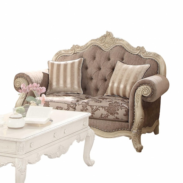 Homeroots 69in Gray And Off White Damask Chesterfield Loveseat and Toss Pillows 347288 - main