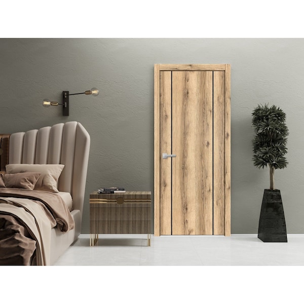 Sartodoors Modern Wood Interior Door with Hardware, Planum 0017 Oak and Aluminum Strips, Single Panel Frame Tr PLANUM0017ID-DUB-30 - main