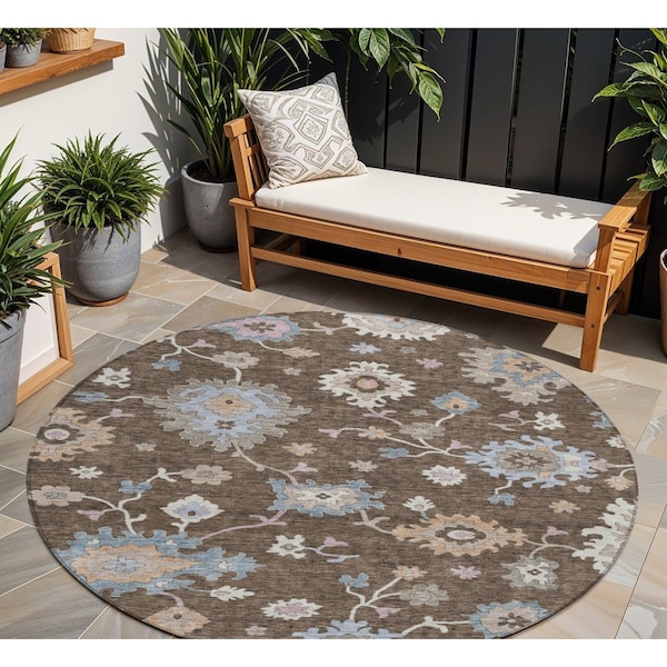 Homeroots 8' Chocolate Beige And Blue Round Floral Washable Indoor Outdoor Area Rug 606148 - main