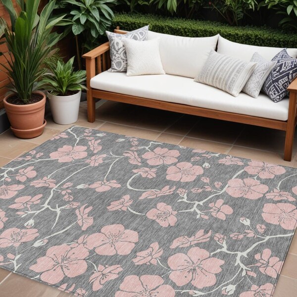 Homeroots 9' X 12' Gray Pink And Ivory Floral Washable Indoor Outdoor Area Rug 600004 - main