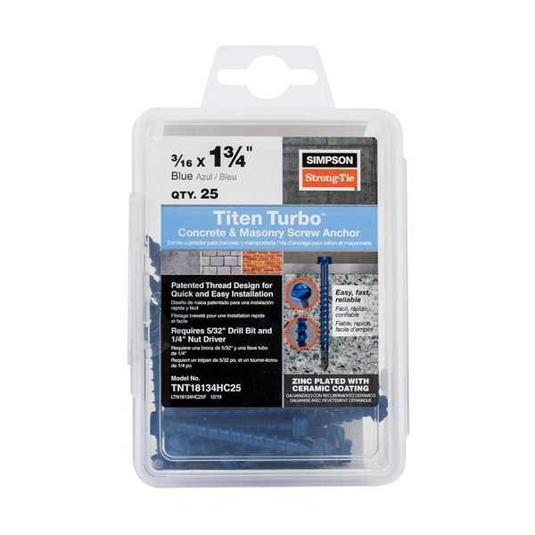 Simpson Strong-Tie Titen Turbo Screw Anchor, 3/16 in Dia, 1-3/4 in L, Carbon Steel, Zinc Plated TNT18134HC25 - main