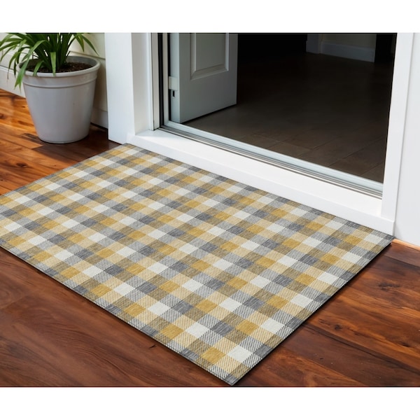 Homeroots 3' X 5' Gray Tan And Beige Plaid Washable Indoor Outdoor Area Rug 601398 - main