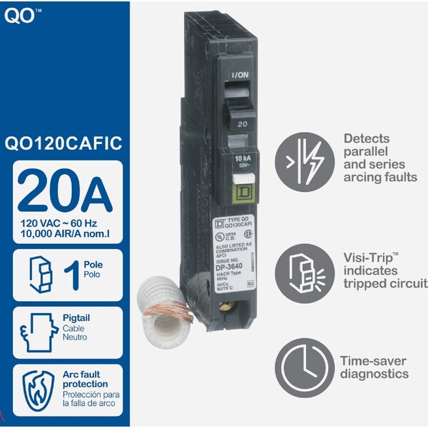 Square D QO 20A Single-Pole CAFCI Combination Arc Fault Breaker QO120CAFIC - main