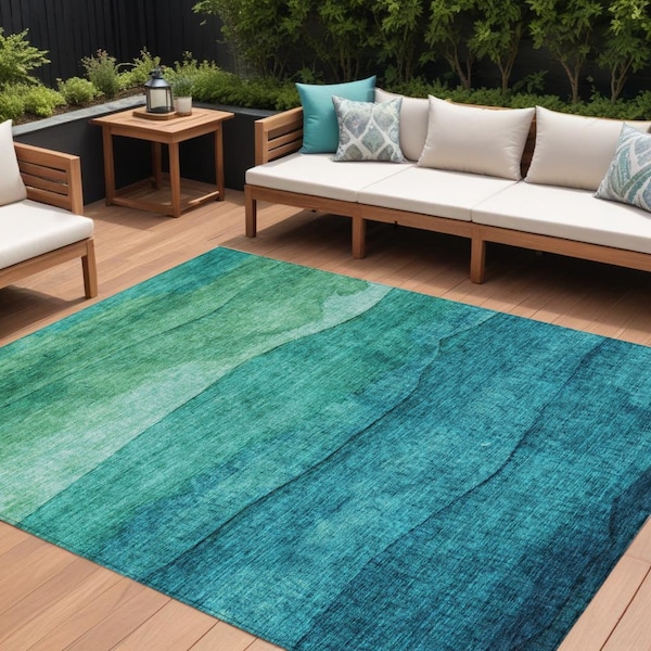 Homeroots 10' X 14' Teal Blue And Green Abstract Washable Indoor Outdoor Area Rug 618165 - main