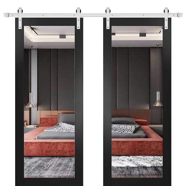 Sartodoors Sturdy Double Barn Door with Mirror, Lucia 1299 Matte Black, 13FT Silver Rail Hangers Heavy Set, LUCIA1299DB-S-BLK-3684 - main