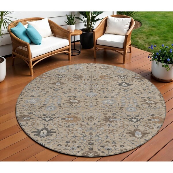 Homeroots 8' Taupe Brown And Gray Round Oriental Washable Indoor Outdoor Area Rug 598084 - main