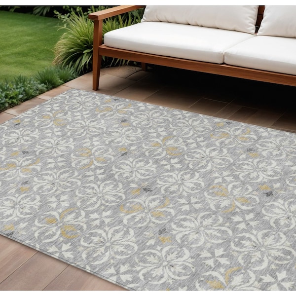 Homeroots 8' X 10' Gray Ivory And Brown Floral Washable Indoor Outdoor Area Rug 595958 - main