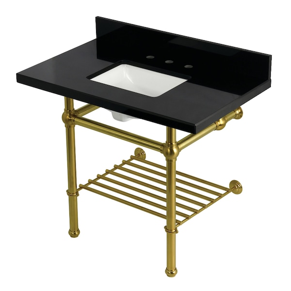 Kingston Brass 36-Inch Black Granite Console Sink with Brass Legs and Shelf, 8-Inch, 3-Hole KVPK3630KBSQB7 - main