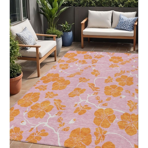 Homeroots 5' X 8' Pink And Copper Floral Washable Indoor Outdoor Area Rug 600037 - main