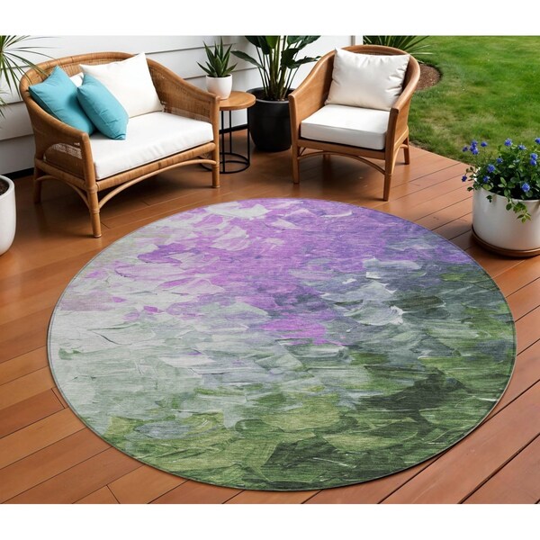 Homeroots 8' Purple Olive Green And Silver Round Abstract Washable Indoor Outdoor Area Rug 617367 - main