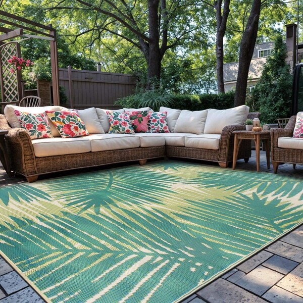 World Rug Gallery Tropical Floral Reversible Plastic Area Rug 9 ft x 12 ft Green 6051GREEN9X12 - main