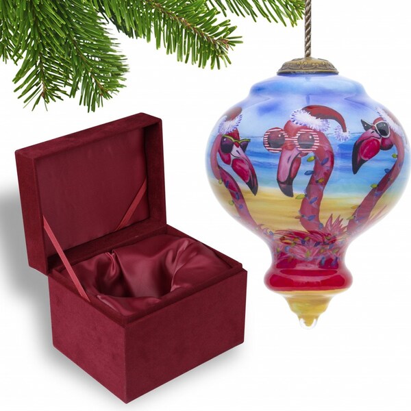 Homeroots Pink Christmas Flamingos Hand Painted Mouth Blown Glass Ornament 477455 - main