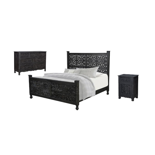Homeroots Three Piece Black Solid Wood Bedroom Set 636279 - main