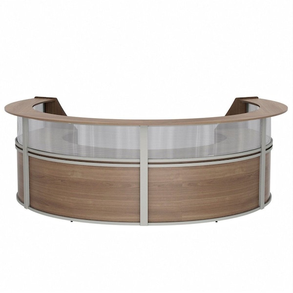 Linea Italia Curved Reception Desk 4 Units, Clear Panel, 142 inW x 107 inD, N. Walnut ZUI318 - main