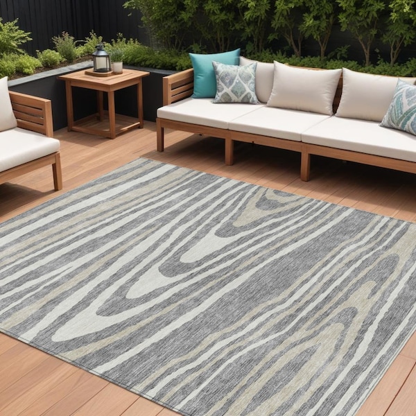 Homeroots 9' X 12' Gray Ivory And Beige Faux Bois Washable Indoor Outdoor Area Rug 614483 - main