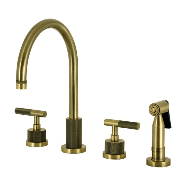 Kingston Brass Double-Handle Widespread Kitchen Faucet with Knurled Handle and Brass Sprayer, Antique Brass KS8723KNLBS - main