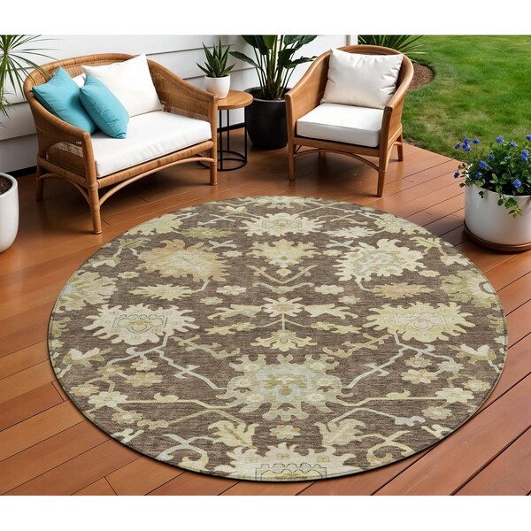 Homeroots 8' Chocolate And Beige Round Floral Washable Indoor Outdoor Area Rug 605195 - main