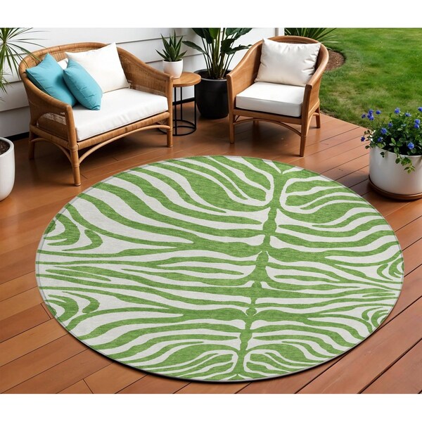 Homeroots 8' Green And Ivory Round Animal Print Washable Indoor Outdoor Area Rug 600608 - main