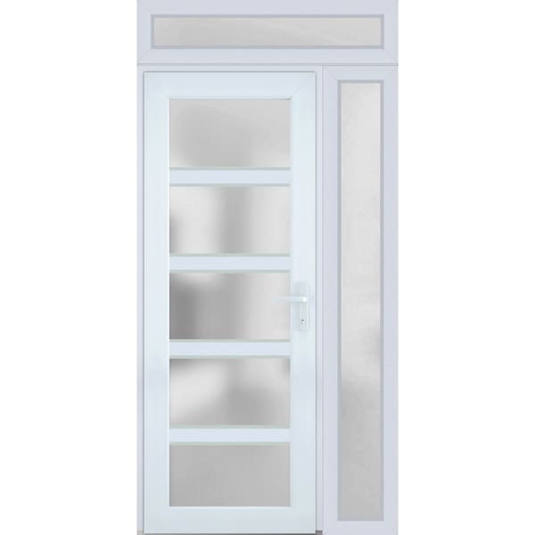 Vdomdoors Front Exterior Prehung FiberGlass Door Frosted Glass / Manux 8002 White Silk / Sidelight and Transo MANUX8002EXD-WS-W36+16 x H80+14-LH - main