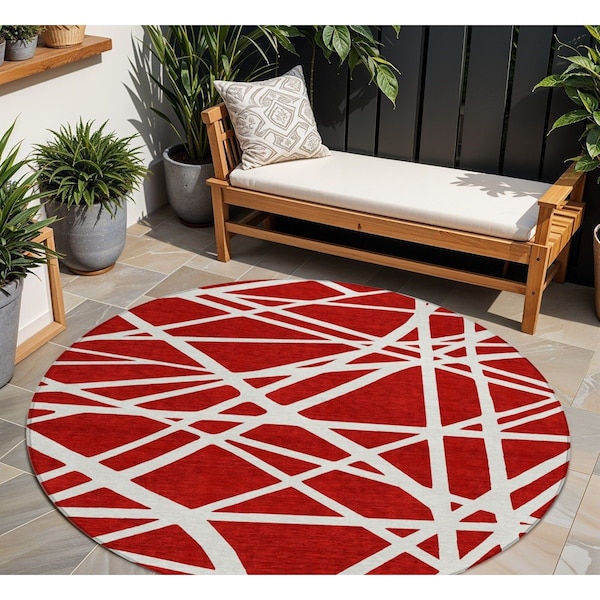 Homeroots 8' Red And Ivory Round Geometric Washable Indoor Outdoor Area Rug 600488 - main