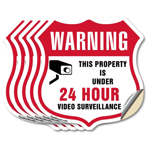 Signmission 24 Hour Surveillance Shield Sign Warning, 4 inch X 4 inch, Vinyl Decal, 5PK SHI-D-5PACK-4-347 - main