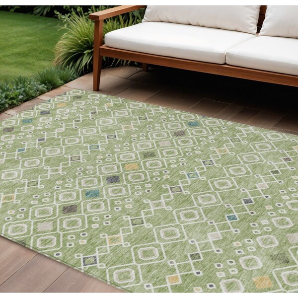 Homeroots 9' X 12' Sage Ivory And Teal Blue Geometric Washable Indoor Outdoor Area Rug 612170 - main