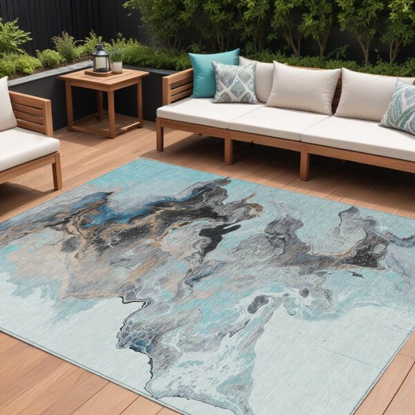 Homeroots 9' X 12' Teal Blue Gold And Gray Abstract Washable Indoor Outdoor Area Rug 617834 - main