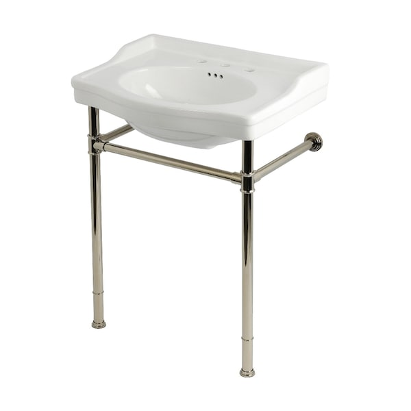 Kingston Brass 30" Ceramic Console Sink with Stainless Steel Legs, 8-Inch, 3-Hole, White/Polished Nickel KVPB30229W86 - main