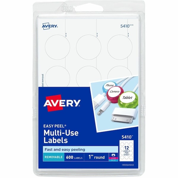 Avery Print or Write Removable Multi-Use Labels, 1" Dia, White, 600/Pack 5410 - main