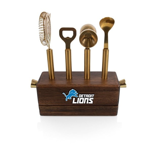 Picnic Time Family Of Brands NFL Detroit Lions Sidecar 5-Piece Bar Tool Set, (Acacia Wood) 672-05-508-117-2 - main