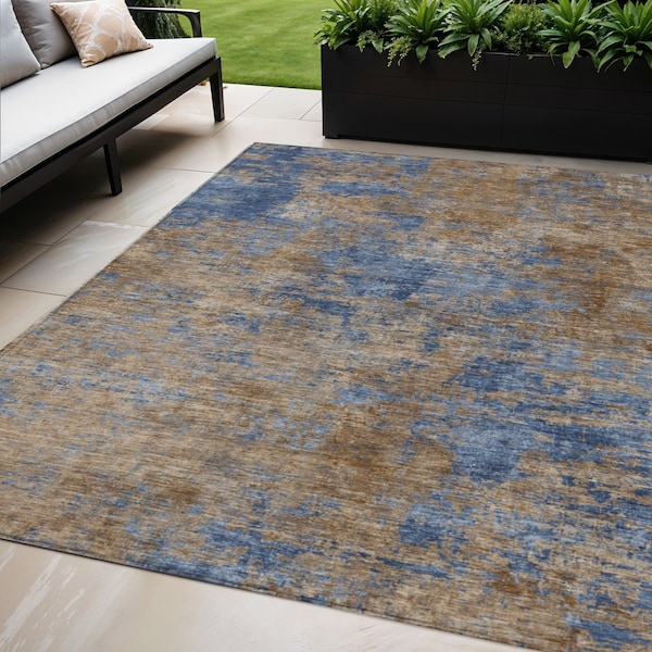 Homeroots 5' X 8' Navy Blue And Brown Abstract Washable Indoor Outdoor Area Rug 603594 - main