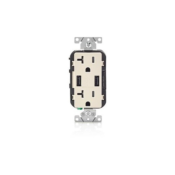 Leviton USB Charger/Duplex Tamper-Resistant Receptacle, 3.6/20 Amp, 125 Volt, NEMA 5-20R, Light Almond T5832-T - main